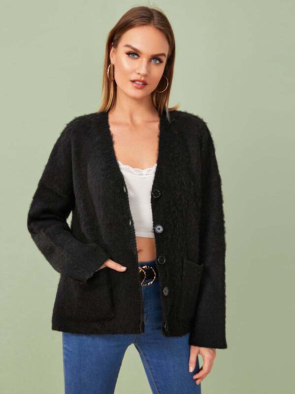 

Button Front Dual Pocket Cardigan, Black, Rasa