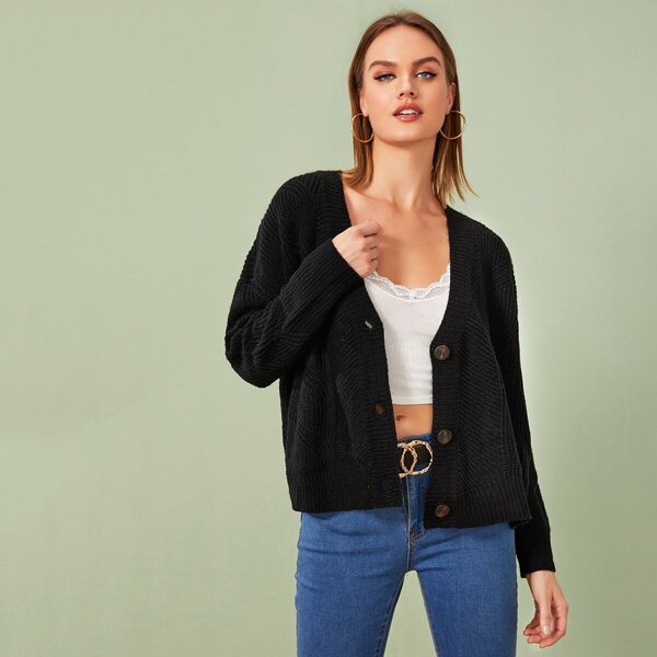 

Button Through Drop Shoulder Cardigan, Black