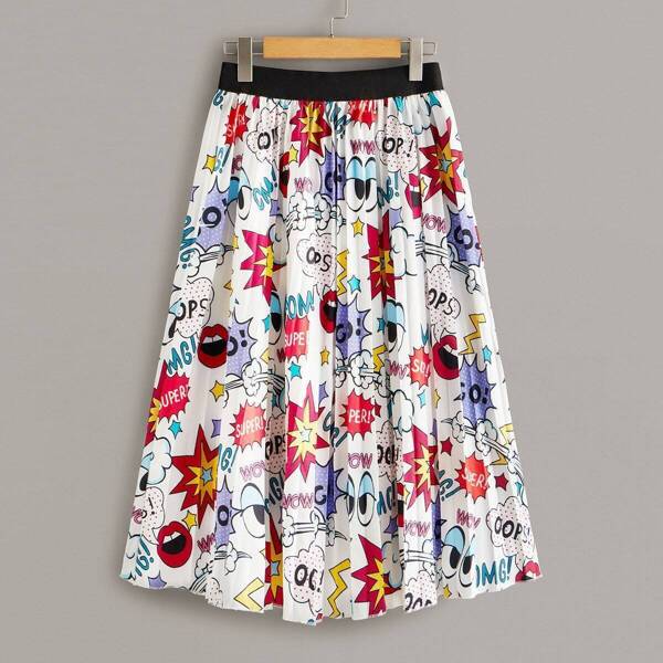 

Allover Comic Print Elastic Waist Pleated Skirt, Multicolor