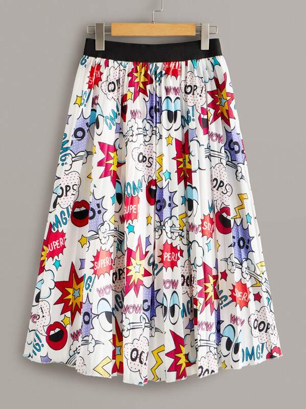

Allover Comic Print Elastic Waist Pleated Skirt, Multicolor