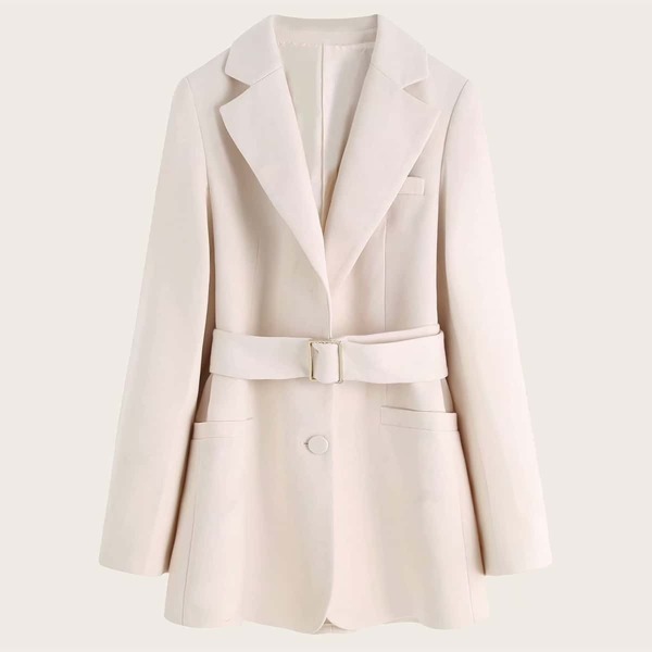 

Solid Dual Pocket Belted Lapel Blazer, Beige