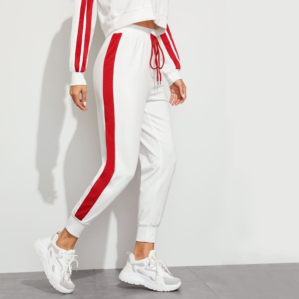 

Contrast Panel Drawstring Waist Sports Pants, White