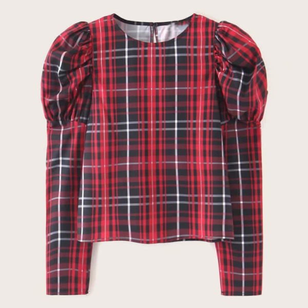 

Plaid Puff Sleeve Keyhole Back Blouse, Multicolor