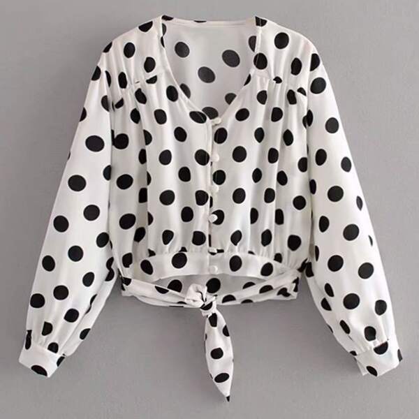 

Polka Dot Lantern Sleeve Tie Front Blouse