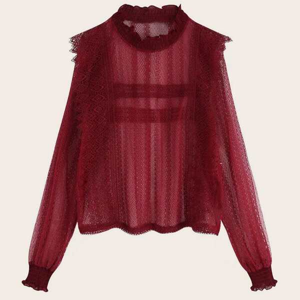 

Mock Neck Ruffle Trim Sheer Lace Blouse