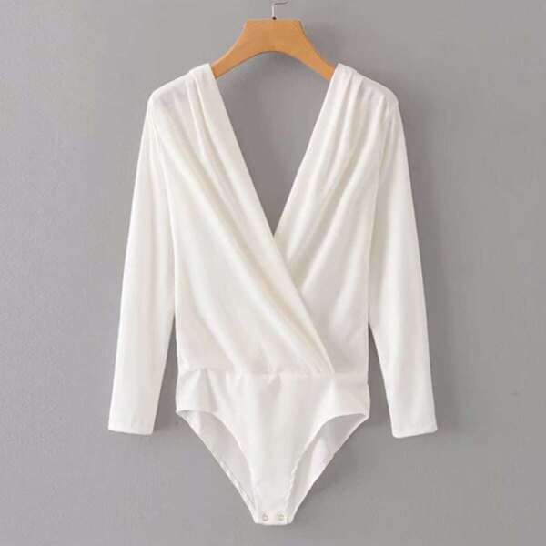 

Solid Surplice Front & Back Bodysuit, White