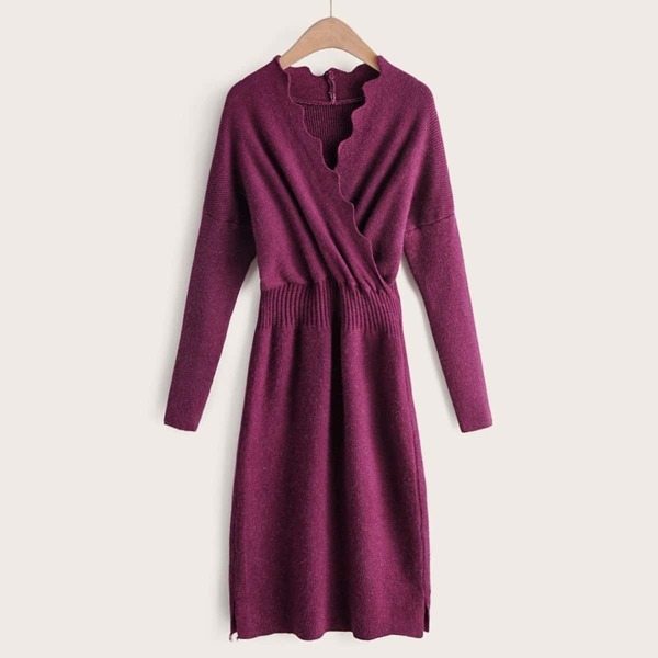 

Solid Surplice Scallop Side Split Sweater Dress, Purple