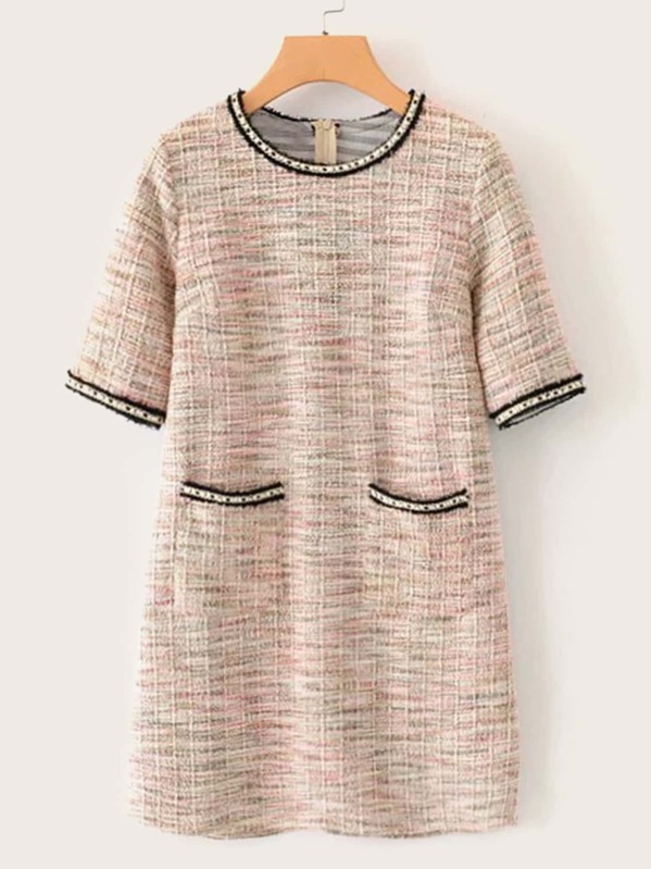 

Contrast Trim Zip Back Tweed Dress, Multicolor