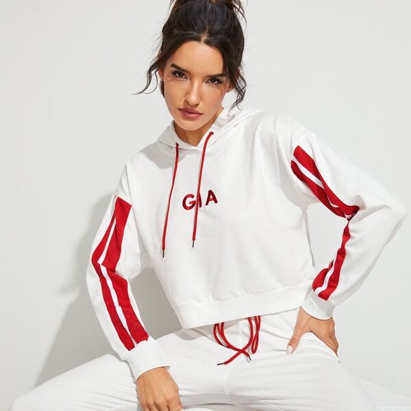 

Letter Embroidered Striped Side Hooded Sports Sweatshirt