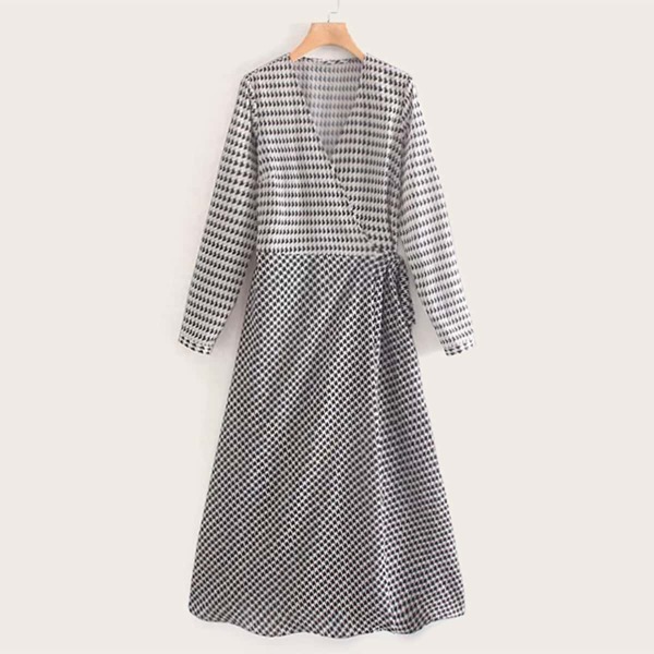 

Surplice Houndstooth Print Belted Dress