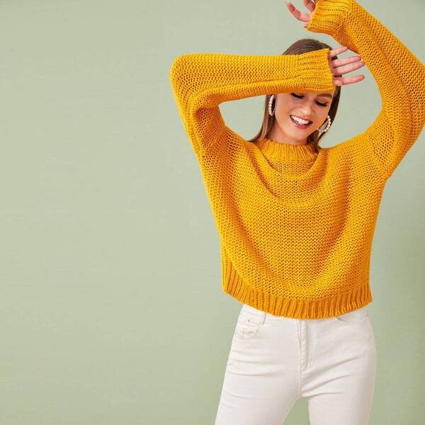 

Mock Neck Drop Shoulder Sweater, Yellow
