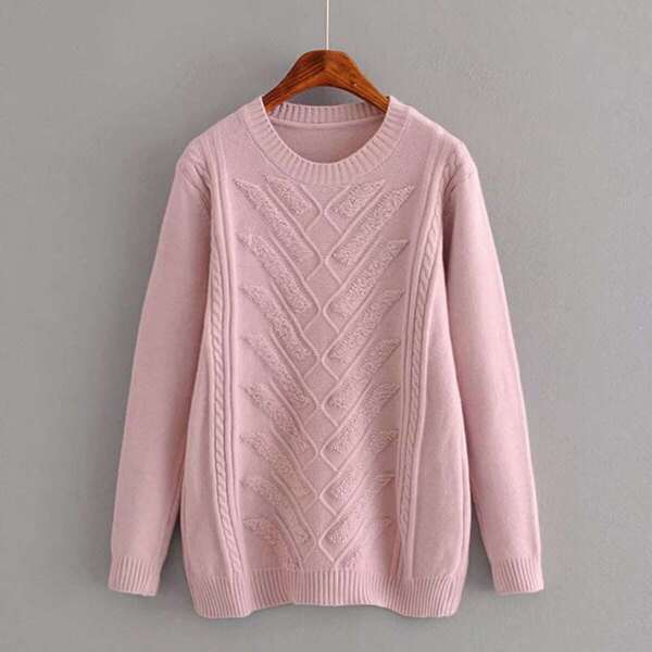 

Solid Cable Knit Round Neck Sweater, Pink