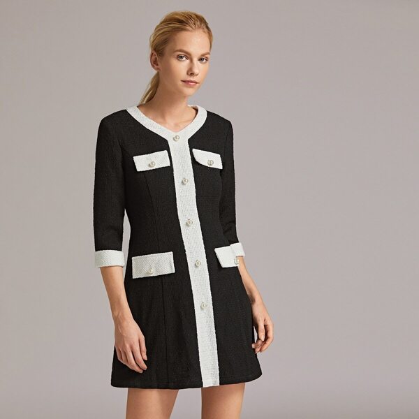 

Premium Contrast Flap Detail Pearls Detail Tweed Dress, Black