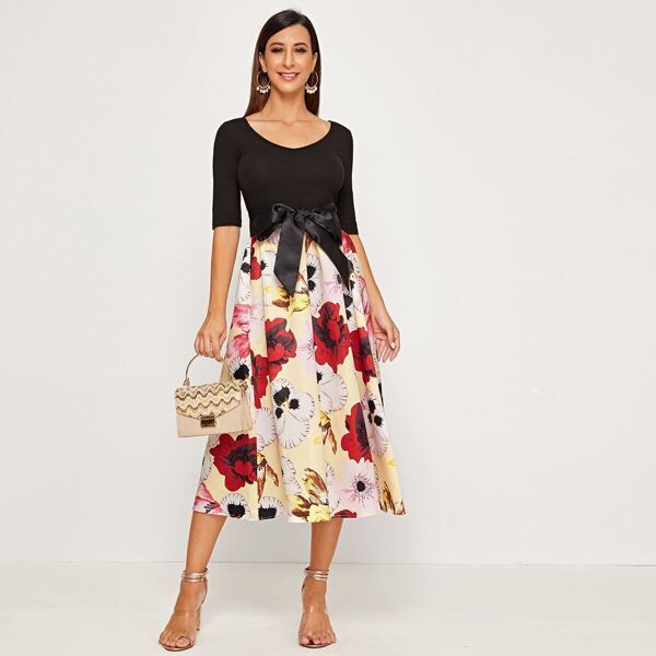 

Floral Print Combo Belted Dress, Multicolor