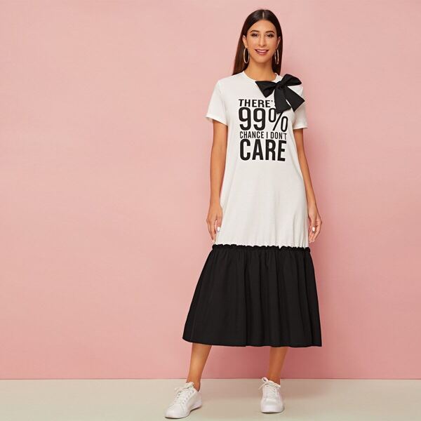 

Two Tone Bow Detail Slogan Graphic Dress, Black and white