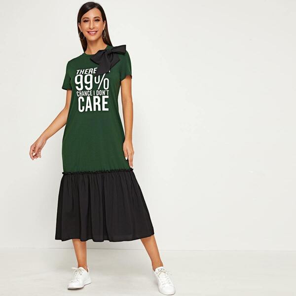 

Bow Detail Slogan Graphic Contrast Ruffle Hem Dress, Green