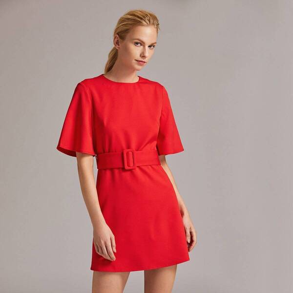 

Neon Red Buckle Belted Dress, Red bright