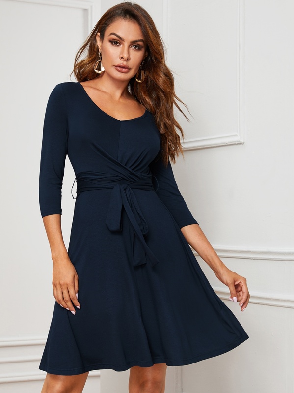 

Cross Wrap Front Self Belted Dress, Navy, Andy