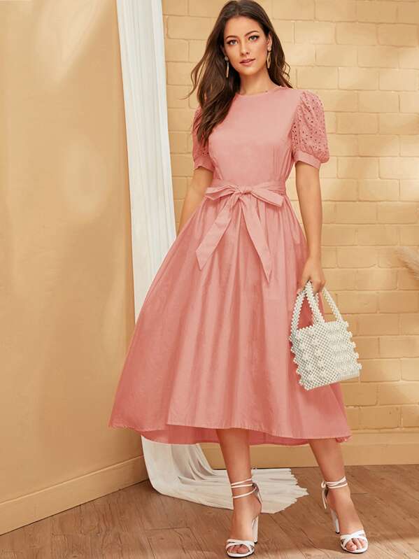 

Puff Schiffy Sleeve Belted Dress, Pink, Debi Cruz