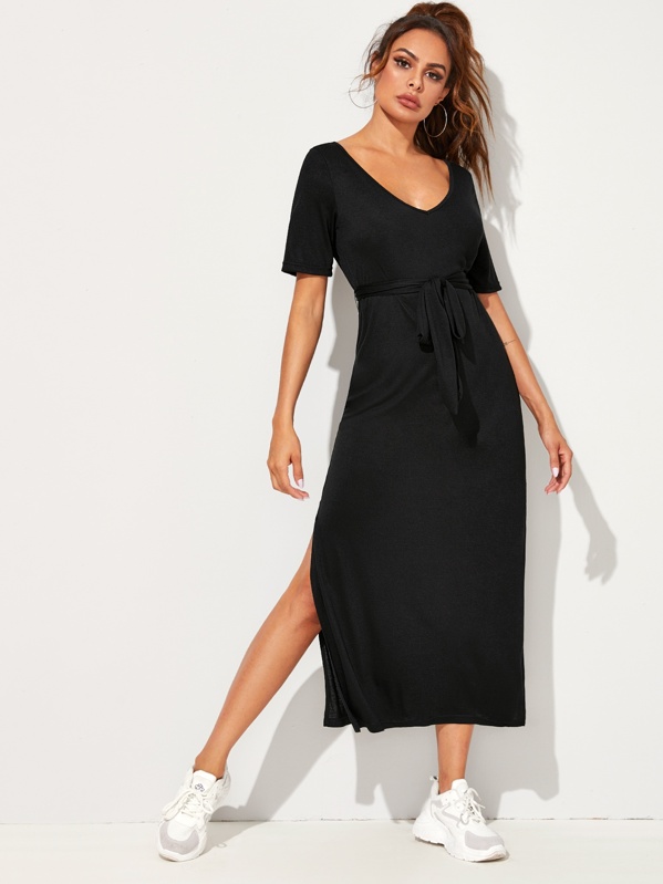 

V-neck Split Hem Belted Dress, Black, Andy