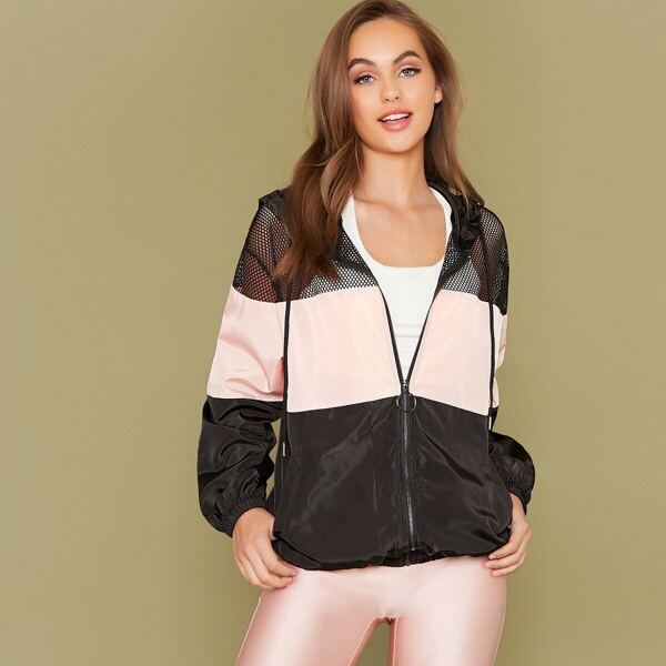 

Zip Up Mesh Insert Colorblock Jacket, Multicolor