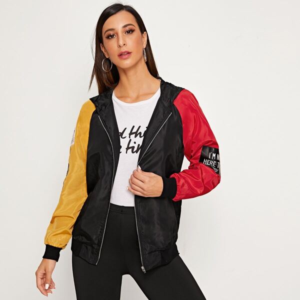 

Zip Up Colorblock Sleeve Patched Detail Jacket, Black