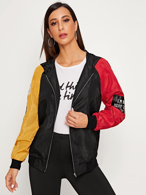 

Zip Up Colorblock Sleeve Patched Detail Jacket, Black, Gabe