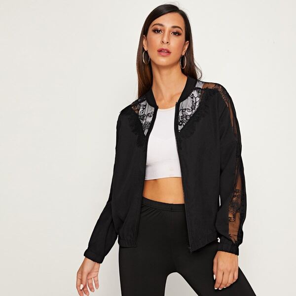 

Zip Up Lace Insert Bomber Jacket, Black