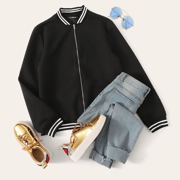 

Zipper Front Textured Bomber Jacket, Black