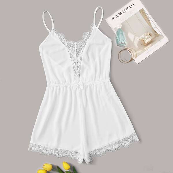 

Lace Insert Criss-cross Backless Romper, White