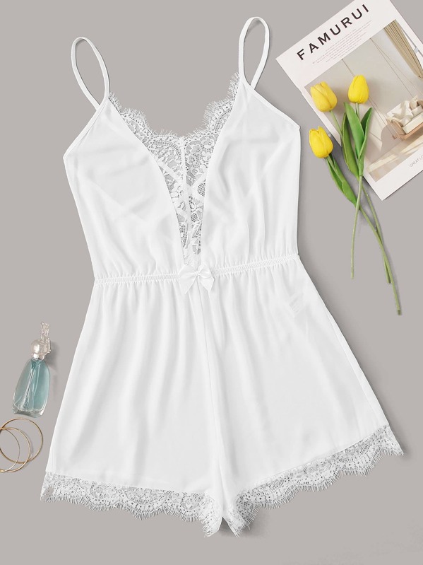 

Lace Insert Criss-cross Backless Romper, White