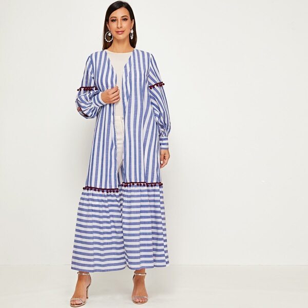

Appliques & Pompom Detail Ruffle Hem Striped Kimono, Multicolor