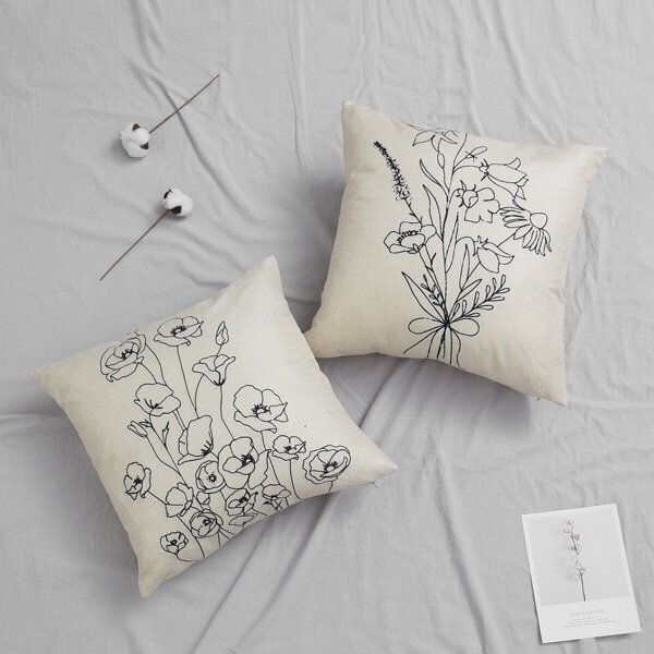 

Stick Figure Floral Print Cushion Cover 1pc, White