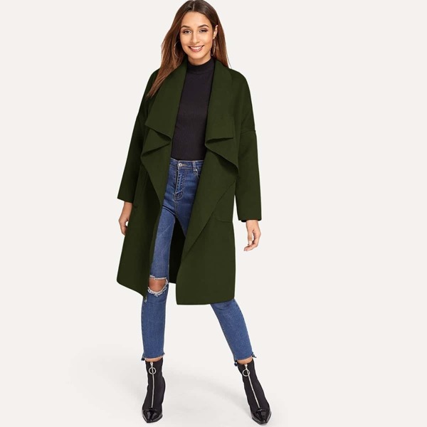 

Pocket Front Belted Waterfall Coat, Army green