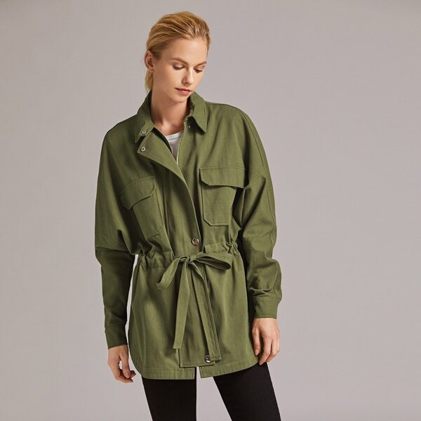 

Premium Drawstring Waist Flap Pocket Coat, Army green
