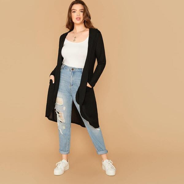 

Plus Solid Open Front Pocket Patched Coat, Black
