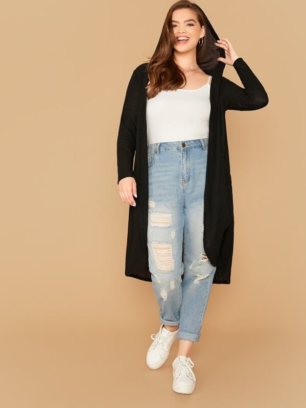 

Plus Solid Open Front Pocket Patched Coat, Black, Faith Bowman