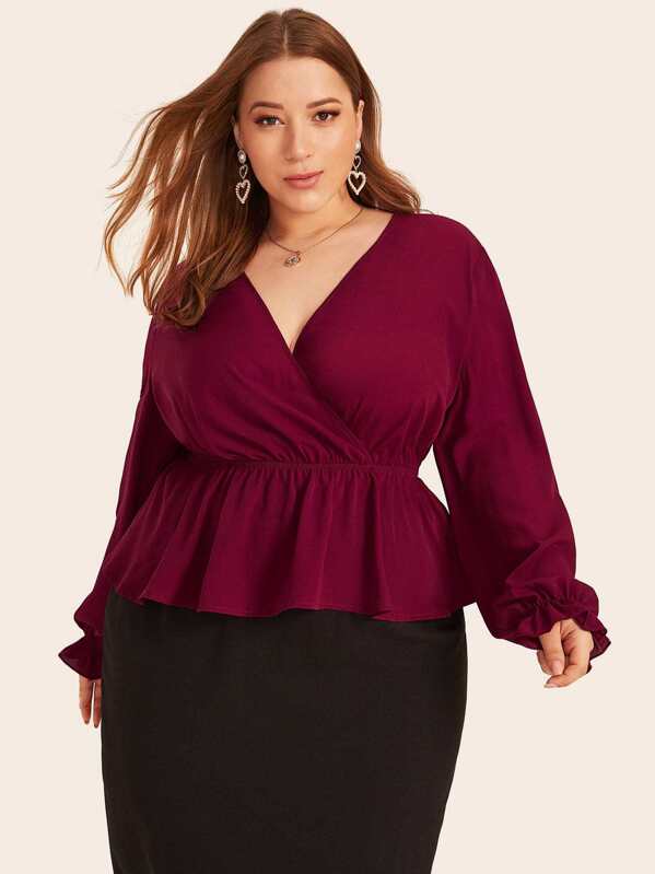 

Plus Surplice Neck Peplum Top, Burgundy, Ray