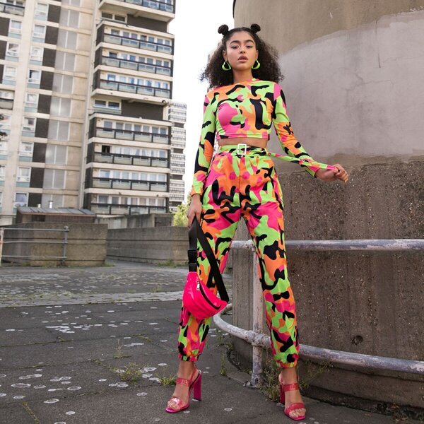 

Neon Camo Print Belted Cargo Pants