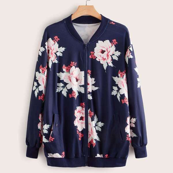 

Plus Floral Print Bomber Jacket, Navy