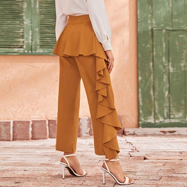 

Wide Band Waist Exaggerate Ruffle Trim Pants, Camel