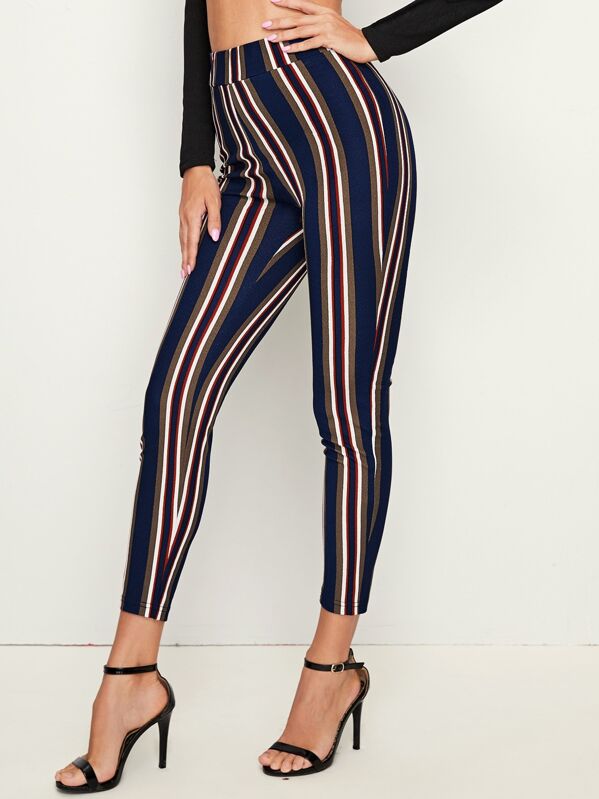 

Wide Band Waist Striped Skinny Pants, Multicolor, Denise