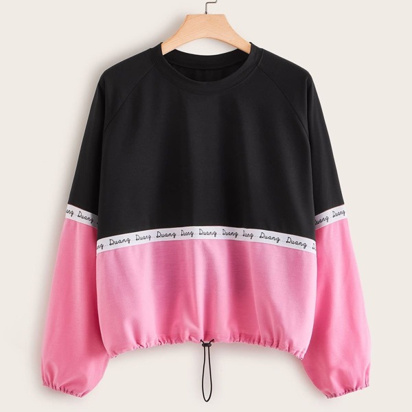 

Plus Raglan Sleeve Drawstring Hem Colorblock Sweatshirt, Multicolor