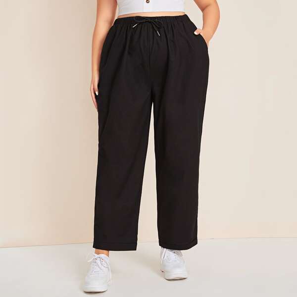 

Plus Slant Pocket Wide Leg Cuffed Pants, Black