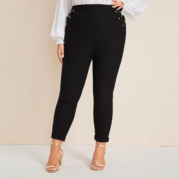 

Plus Pearls Lace Trim Pants, Black