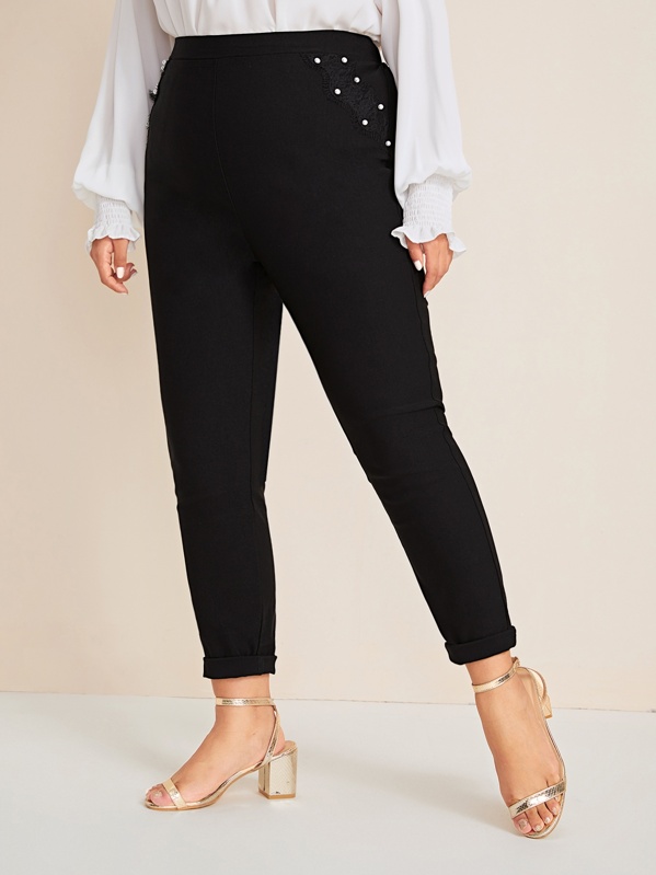 

Plus Pearls Lace Trim Pants, Black, Ma Tian