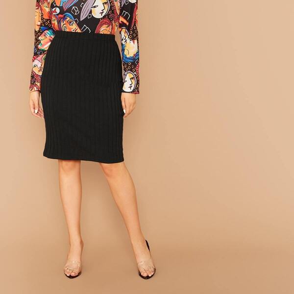 

Plus Rib-knit Pencil Skirt Without Chain Belt, Black