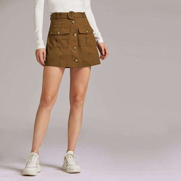 

Premium Button Front Flap Pocket Belted Skirt