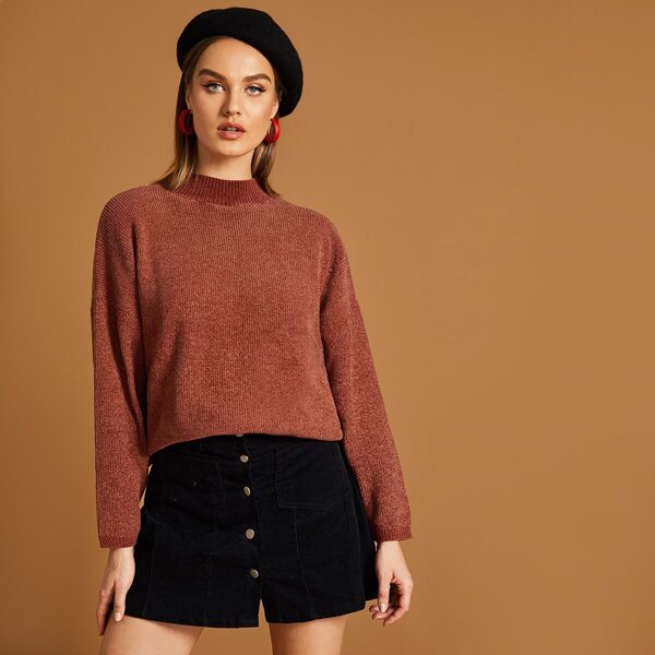 

Mock Neck Drop Shoulder Solid Sweater, Brown