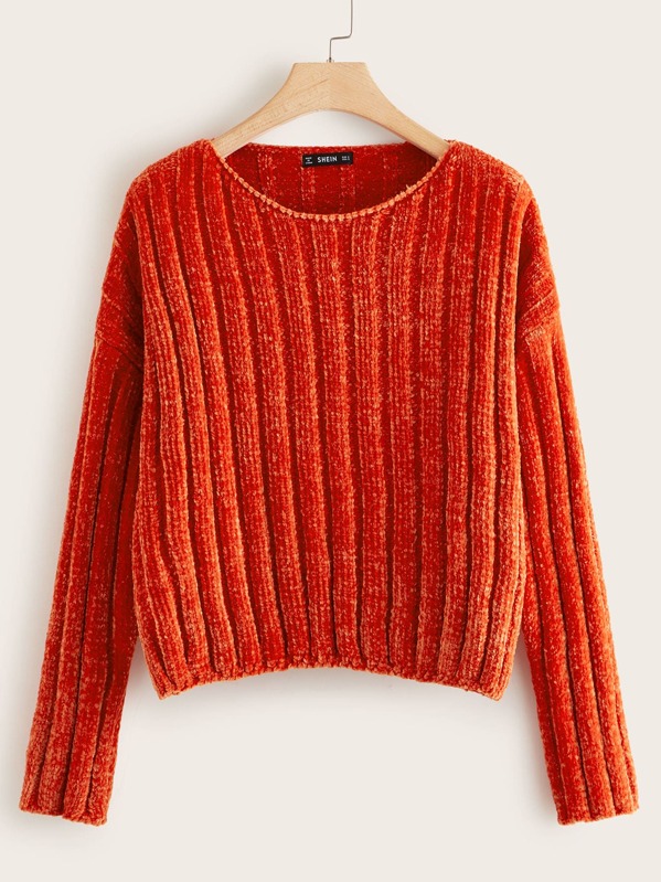 

Plus Drop Shoulder Ribbed Velvet Sweater, Orange